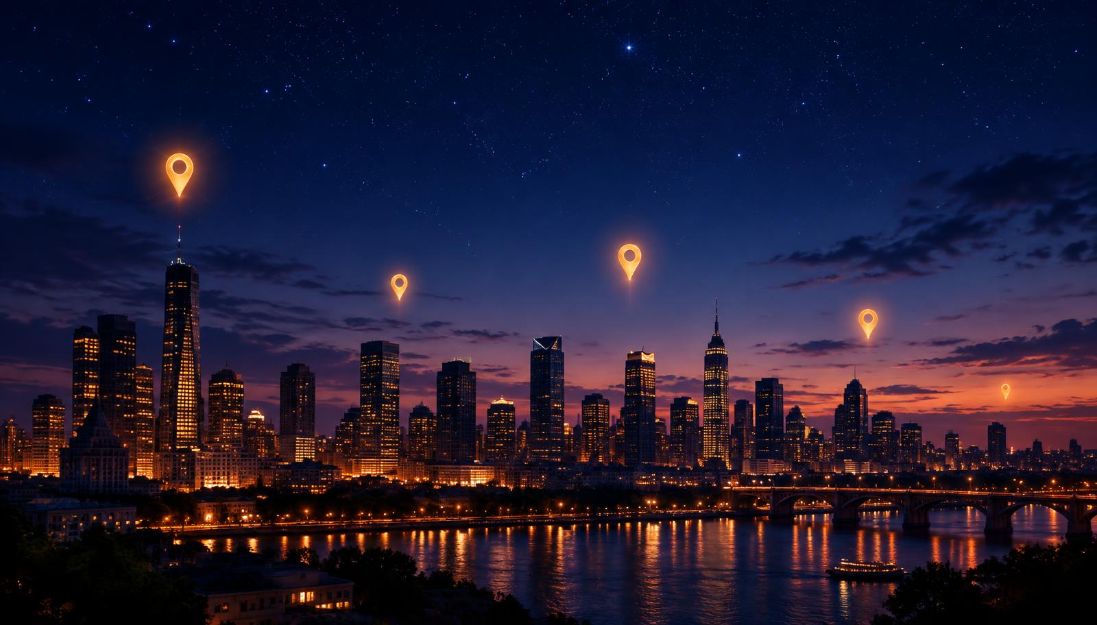 City skyline at night with glowing map pins